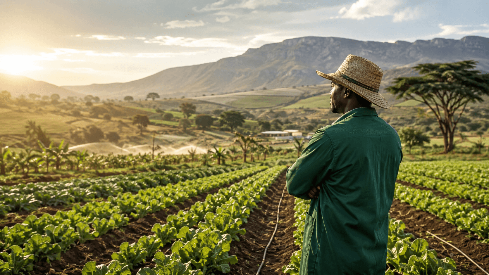 African farm manager overlooking an actively cultivated crop field