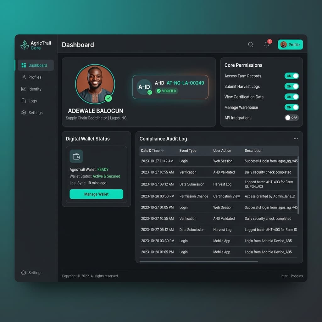 AgricTrail Core dashboard showing identity, authentication, wallet, permissions and compliance records.
