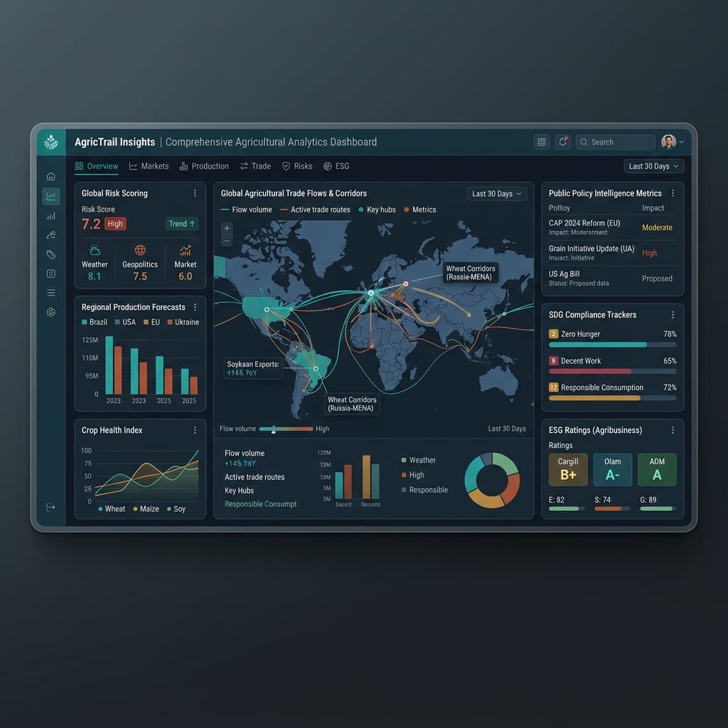 AgricTrail Insights dashboard showing agricultural analytics, trade performance, risk scoring, policy intelligence and impact data.
