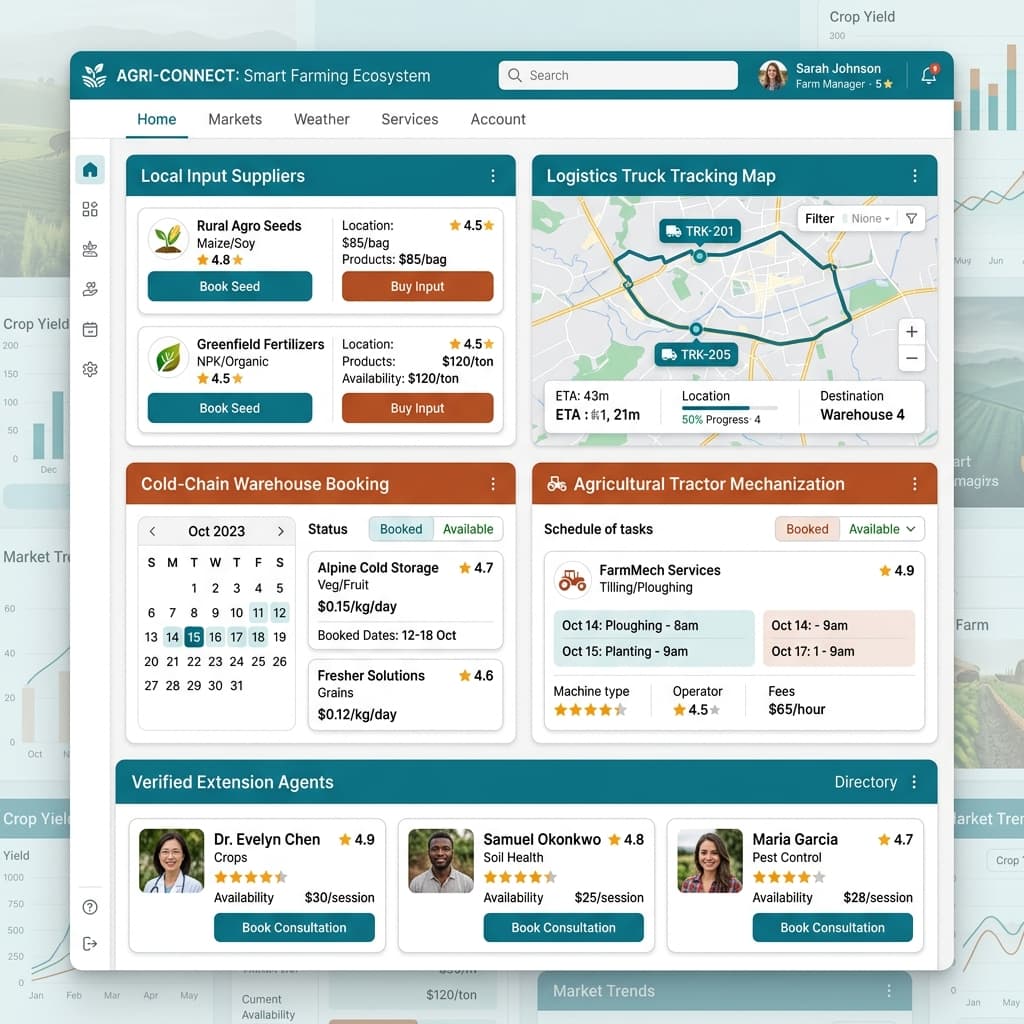 Agricultural service coordination, including logistics, storage and equipment support
